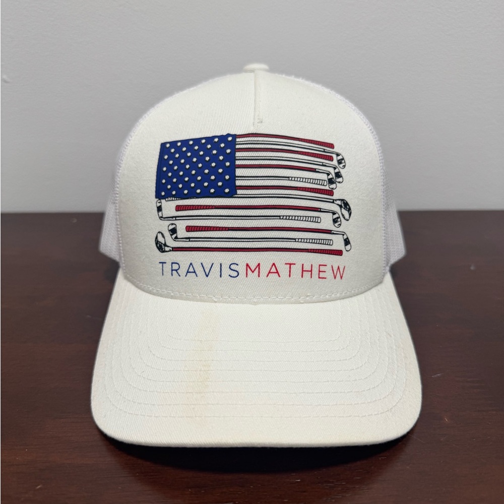Travis Mathew White Adjustable Golf Hat with Flag Graphic